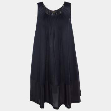 Pre Owned Fendi Black Cotton & Silk Trim Sleeveless Shift Dress L
