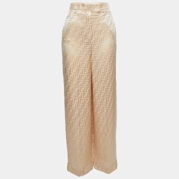 Pre Owned Fendi Beige FF Jacquard Satin Trousers XS
