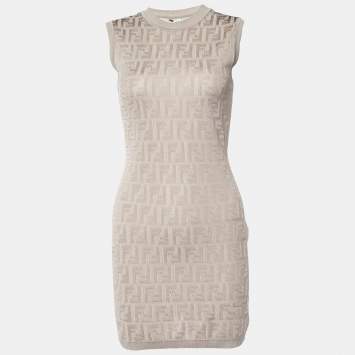 Pre Owned Fendi Greige FF Motif Knit Sleeveless Fitted Dress S
