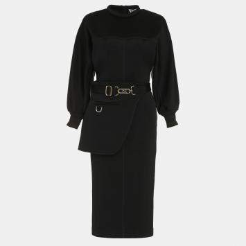Pre Owned Fendi Black Jersey O'Lock Belted Midi Dress S