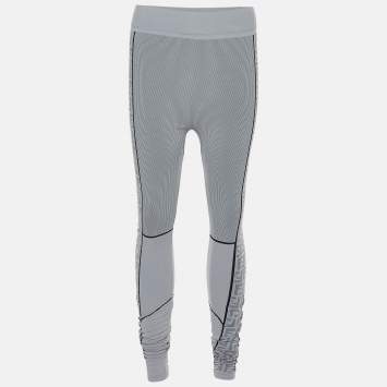 Pre Owned Fendi Grey Logo Pattern Jersey Seamless Leggings L/XL