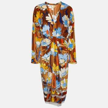 Pre Owned Fendi Brown Daisy Print Chenille Draped Midi Dress S