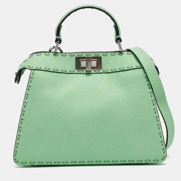 Pre Owned Fendi Green Selleria Leather Small Peekaboo ISeeU Top Handle Bag