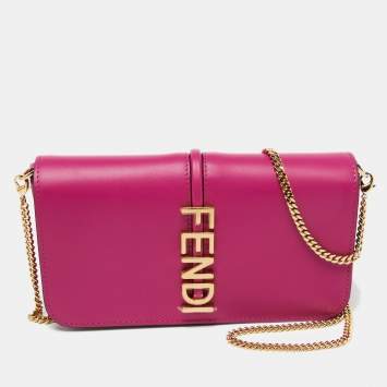 Pre Owned Fendi Pink Leather Fendigraphy Wallet on Chain 