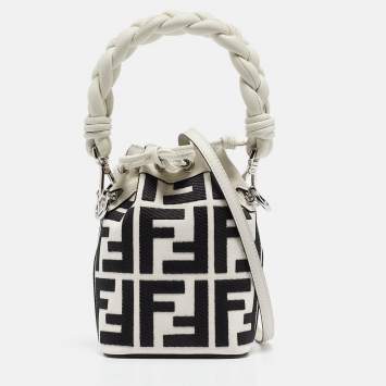 Pre Owned Fendi White/Black FF Canvas Mini Mon Tresor Drawstring Bucket Bag