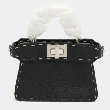 Pre Owned Fendi Black Selleria Leather Micro Peekaboo Top Handle Bag