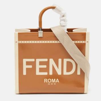 Pre Owned Fendi Brown/Beige Canvas and Patent Leather Medium Sunshine Shopper Tote
