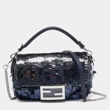 Pre Owned Fendi Navy Blue Sequins and Beads Mini Baguette Chain Bag
