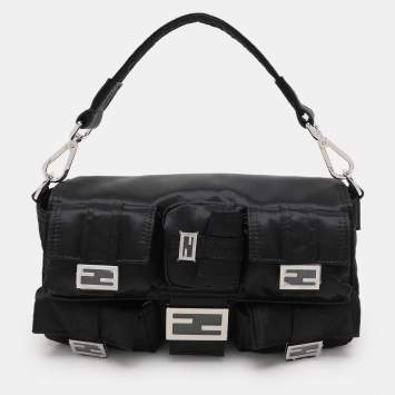 Pre Owned Fendi Black Nylon Multipocket Baguette Bag
