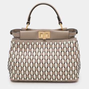 Pre Owned Fendi Grey/White Woven Leather Mini Peekaboo Top Handle Bag