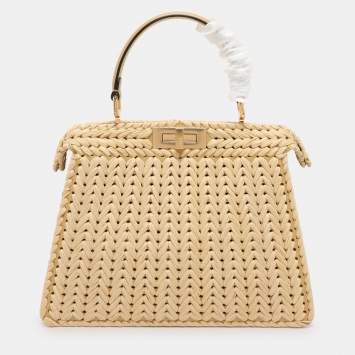 Pre Owned Fendi Beige Woven Leather and Straw Peekaboo Medium Iseeu Top Handle Bag