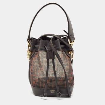 Pre Owned Fendi Tobacco Zucca Mesh and Leather Mini Mon Tresor Bucket Bag