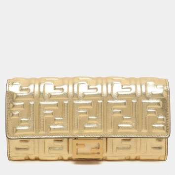 Pre Owned Fendi Gold Zucca Embossed Leather FF Flap Continental Wallet
