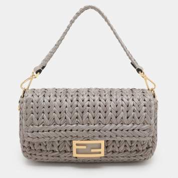 Fendi Grey Raffia and Leather Baguette Bag