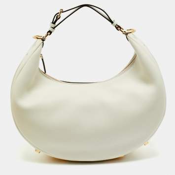 Pre Owned Fendi White Leather Medium Fendigraphy Hobo