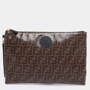 Pre Owned Fendi Brown Coated Canvas FFreedom Flat Pouch Bag