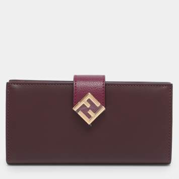 Pre Owned Fendi Burgundy Leather FF Diamond Continental Wallet