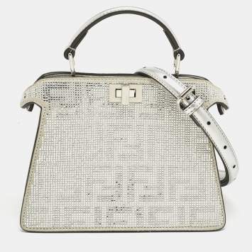 Pre Owned Fendi Silver FF Suede Crystal Petite Peekaboo ISeeU Top Handle Bag