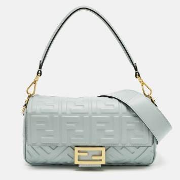 Pre Owned Fendi Light Blue Zucca Embossed Leather Medium Baguette Bag