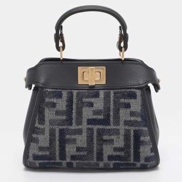 Pre Owned Fendi Blue FF Jacquard and Leather Nano Peekaboo Crossbody Bag