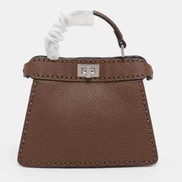 Pre Owned Fendi Brown Stitch Selleria Leather Petite Peekaboo ISeeU Top Handle Bag