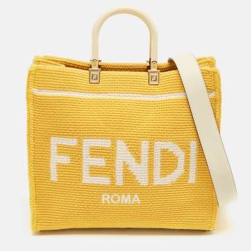 Pre Owned Fendi Yellow/White Crochet Fabric Medium Sunshine Shopper Tote