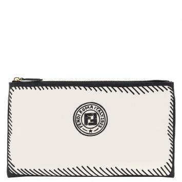 Pre Owned Fendi White Stamp Fabric Medium Pouch