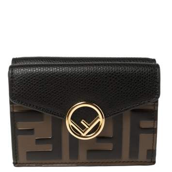 Pre Owned Fendi Black/Brown Zucca Leather Trifold Wallet