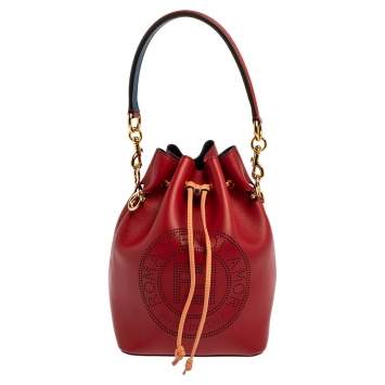 Pre Owned Fendi Red Perforated Leather Mini Mon Tresor Bucket Bag
