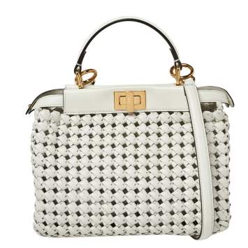 Pre Owned Fendi White Woven Leather Mini Peekaboo Top Handle Bag