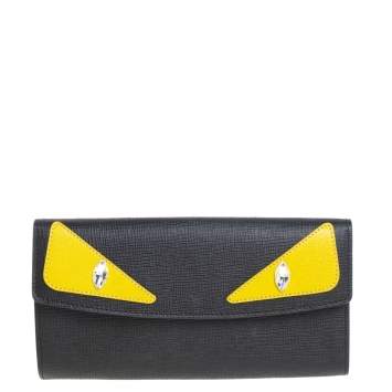 Pre Owned Fendi Black Leather Monster Eyes Continental Wallet
