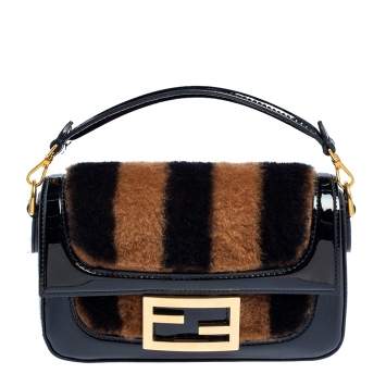 Pre Owned Fendi Black/Brown Fur and Patent Leather Mini Pequin Baguette Bag