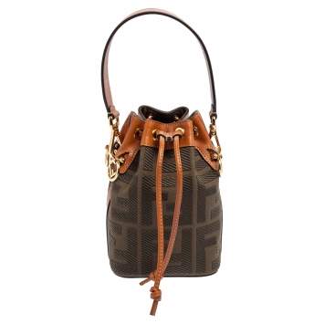 Pre Owned Fendi Green/Brown Zucca Canvas and Leather Mini Mon Tresor Drawstring Bucket Bag