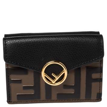 Pre Owned Fendi Black/Brown Zucca Leather Trifold Wallet