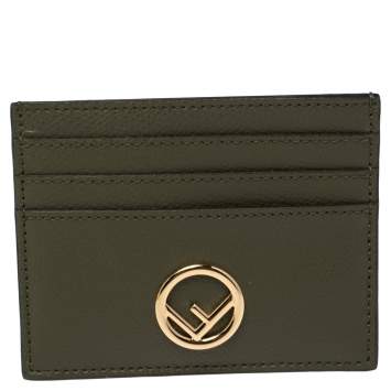 Pre Owned Fendi Green Leather F Logo Card Holder