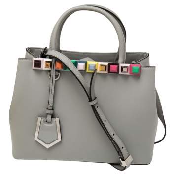 Pre Owned Fendi Grey Leather Studded Petite 2Jours Tote