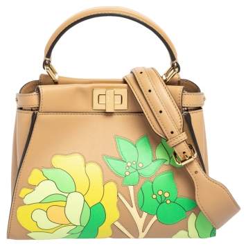 Pre Owned Fendi Beige Leather Mini Floral Peekaboo Top Handle Bag