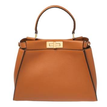 Pre Owned Fendi Tan Leather Medium Peekaboo Top Handle Bag