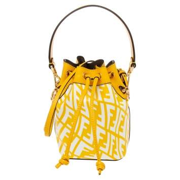 Pre Owned Fendi Yellow/White FF Vertigo Coated Canvas and Leather Mini Mon Tresor Drawstring Bucket Bag