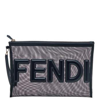 Pre Owned Fendi Black Mesh and Leather Large Logo Flat Pouch