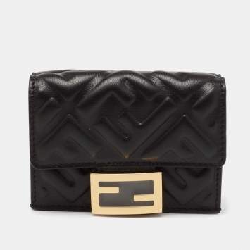Pre Owned Fendi Black FF Embossed Leather Micro Trifold Wallet