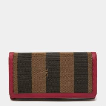 Pre Owned Fendi Brown/Burgundy Pequin Canvas and Leather Continental Wallet