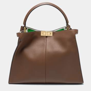 Pre Owned Fendi Brown Leather Large X Lite Peekaboo Top Handle Bag
