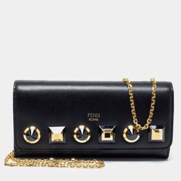 Pre Owned Fendi Black Leather Studded Flap Wallet On Chain