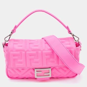 Pre Owned Fendi Pink FF Embossed Fabric Baguette Shoulder Bag