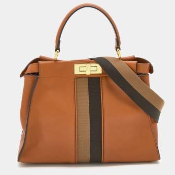 Pre Owned Fendi Brown Leather Medium Stripe Peekaboo Top Handle Bag