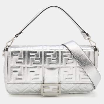 Pre Owned Fendi Silver FF Embossed Leather Large Baguette Shoulder Bags