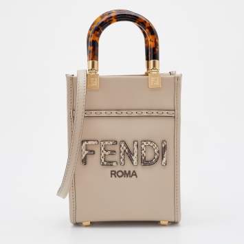 Pre Owned Fendi Light Grey Leather and Python Mini Elaphe Sunshine Shoulder Bag