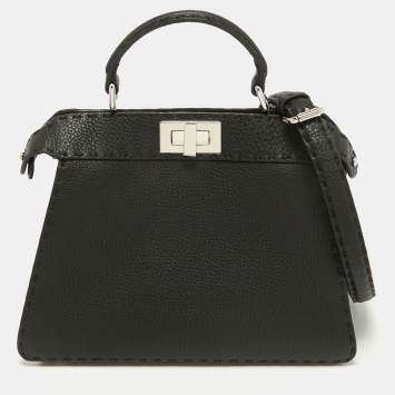 Pre Owned Fendi Black Leather Selleria Peekaboo Top Handle Bag