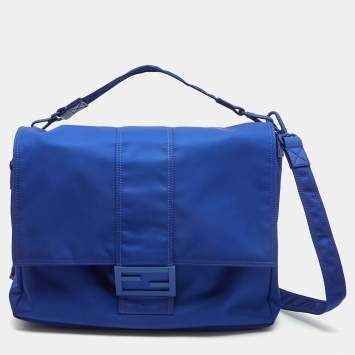 Pre Owned Fendi Blue Nylon Large Baguette Messenger Bag